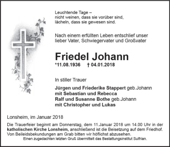 Traueranzeige von Friedel Johann von Trauerportal Rhein Main Presse