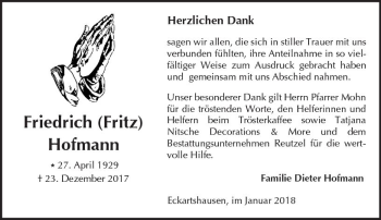 Traueranzeige von Friedrich Hofmann von  Kreisanzeiger