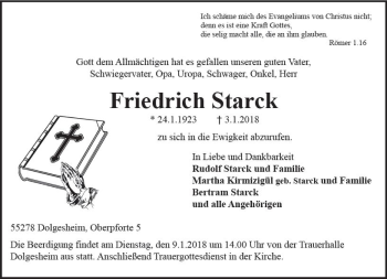 Traueranzeige von Friedrich Starck von Trauerportal Rhein Main Presse