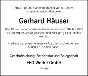 Traueranzeige von Gerhard Häuser von Trauerportal Rhein Main Presse