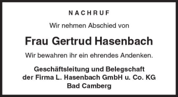 Traueranzeige von Gertrud Hasenbach von  Camberger Anzeiger