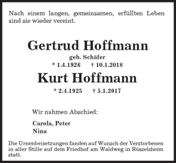 Traueranzeige von Gertrud Hoffmann von Trauerportal Rhein Main Presse
