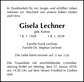 Traueranzeige von Gisela Lechner von  Gießener Anzeiger