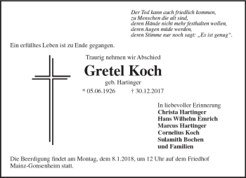 Traueranzeige von Gretel Koch von Trauerportal Rhein Main Presse
