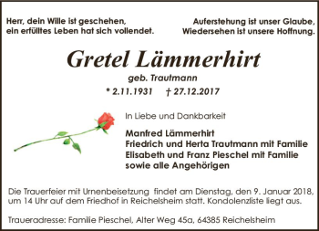 Traueranzeige von Gretel Lämmerhirt von Trauerportal Rhein Main Presse