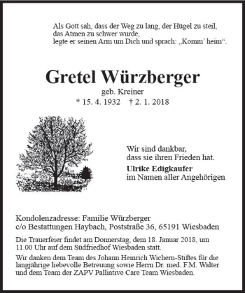Traueranzeige von Gretel Würzberger von Trauerportal Rhein Main Presse