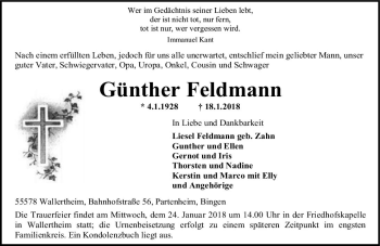 Traueranzeige von Günther Feldmann von Trauerportal Rhein Main Presse