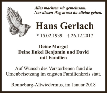 Traueranzeige von Hans Gerlach von  Kreisanzeiger