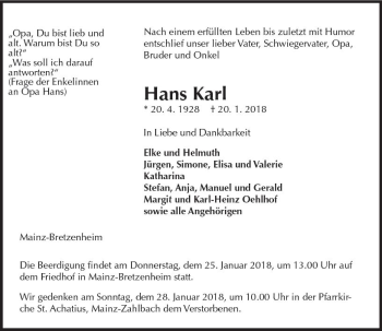 Traueranzeige von Hans Karl von Trauerportal Rhein Main Presse