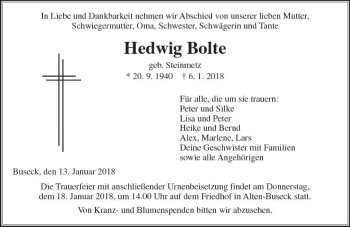 Traueranzeige von Hedwig Bolte von  Gießener Anzeiger