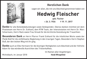 Traueranzeige von Hedwig Fleischer von  Kreisanzeiger