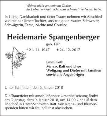 Traueranzeige von Heidemarie Spangenberger von  Kreisanzeiger