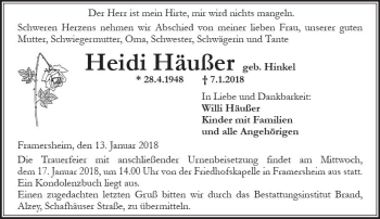 Traueranzeige von Heidi Häußer von Trauerportal Rhein Main Presse
