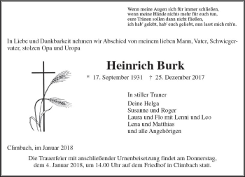 Traueranzeige von Heinrich Burk von  Gießener Anzeiger