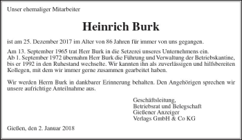 Traueranzeige von Heinrich Burk von  Gießener Anzeiger