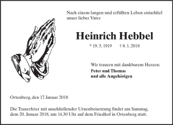 Traueranzeige von Heinrich Hebbel von  Kreisanzeiger