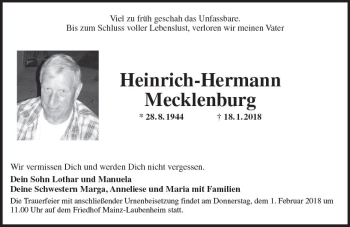 Traueranzeige von Heinrich-Hermann Mecklenburg von Trauerportal Rhein Main Presse