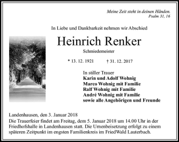 Traueranzeige von Heinrich Renker von VRM Trauer