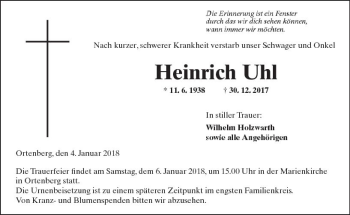 Traueranzeige von Heinrich Uhl von  Kreisanzeiger