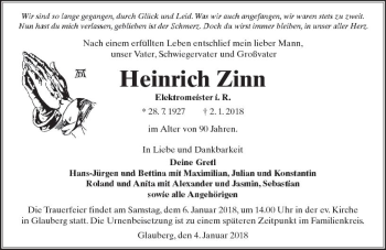 Traueranzeige von Heinrich Zinn von  Kreisanzeiger