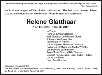 Traueranzeige von Helene Glatthaar von VRM Trauer
