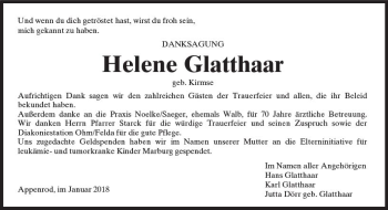 Traueranzeige von Helene Glatthaar von VRM Trauer