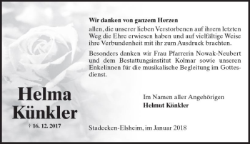 Traueranzeige von Helma Künkler von Trauerportal Rhein Main Presse