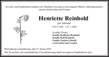 Traueranzeige von Henriette Reinhold von VRM Trauer