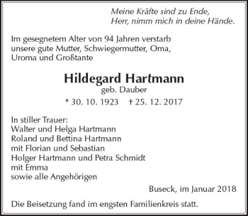 Traueranzeige von Hildegard Hartmann von  Gießener Anzeiger