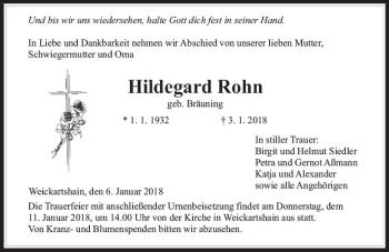 Traueranzeige von Hildegard Rohn von  Gießener Anzeiger