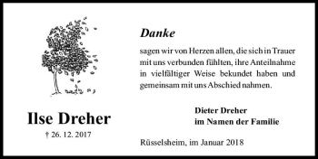 Traueranzeige von Ilse Dreher von Trauerportal Rhein Main Presse