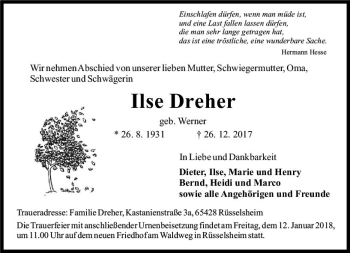 Traueranzeige von Ilse Dreher von Trauerportal Rhein Main Presse