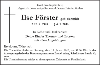 Traueranzeige von Ilse Förster von Trauerportal Rhein Main Presse