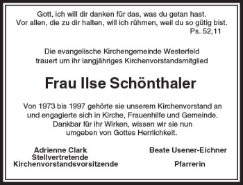 Traueranzeige von Ilse Schönthaler von  Usinger Anzeiger