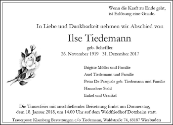 Traueranzeige von Ilse Tiedemann von Trauerportal Rhein Main Presse