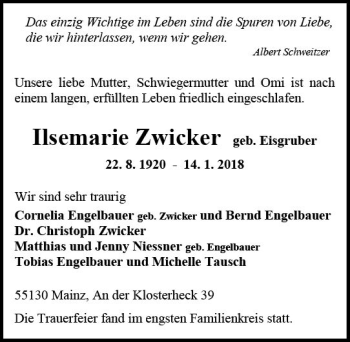 Traueranzeige von Ilsemarie Zwicker von Trauerportal Rhein Main Presse