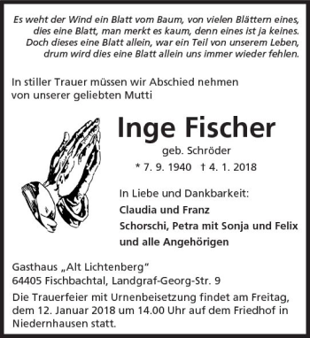 Traueranzeige von Inge Fischer von Trauerportal Rhein Main Presse