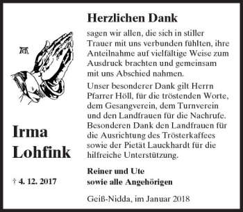 Traueranzeige von Irma Lohfink von  Kreisanzeiger