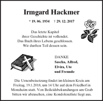 Traueranzeige von Irmgard Hackmer von Trauerportal Rhein Main Presse