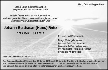 Traueranzeige von Johann Balthasar Reitz von Trauerportal Rhein Main Presse