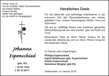 Traueranzeige von Johanna Espenschied von Trauerportal Rhein Main Presse