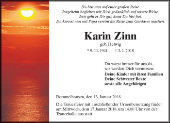 Traueranzeige von Karin Zinn von  Kreisanzeiger