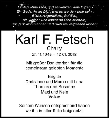Traueranzeige von Karl  Fetsch von Trauerportal Rhein Main Presse