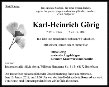 Traueranzeige von Karl-Heinrich Görig von VRM Trauer