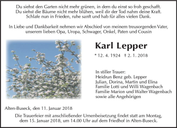 Traueranzeige von Karl Lepper von  Gießener Anzeiger
