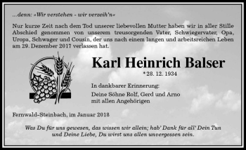 Traueranzeige von Karl Heinrich Balser von  Gießener Anzeiger