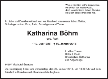 Traueranzeige von Katharina Böhm von Trauerportal Rhein Main Presse