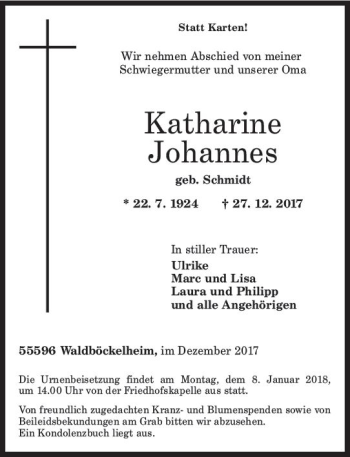 Traueranzeige von Katharine Johannes von Trauerportal Rhein Main Presse