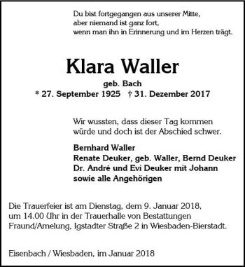 Traueranzeige von Klara Waller von  Camberger Anzeiger
