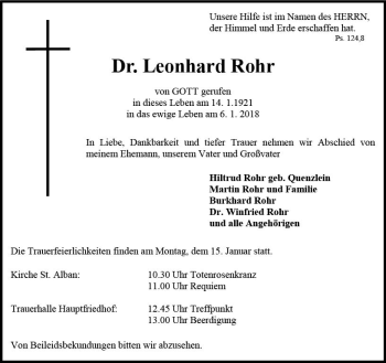 Traueranzeige von Leonhard Rohr von Trauerportal Rhein Main Presse